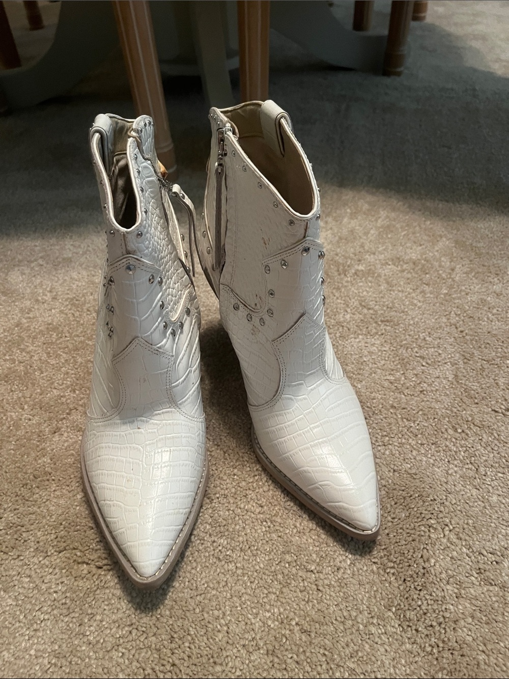Sam Edelman White Croc-Embossed Pointed Western Ankle Boots